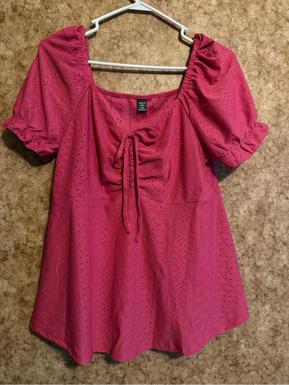 SHEIN Fuchsia Eyelet Peasant Tunic with Tie